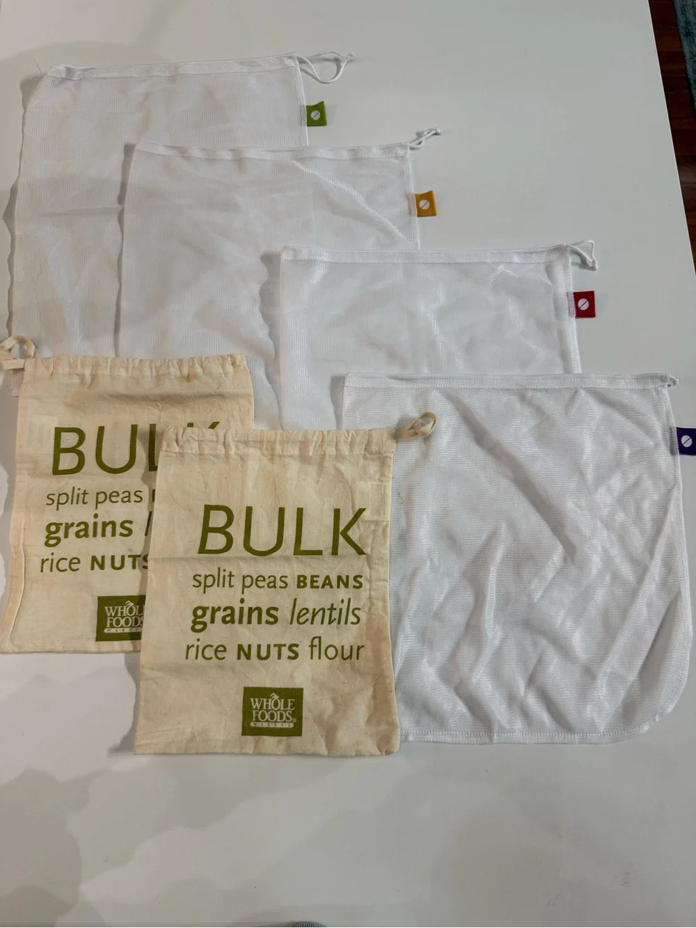 Whole Foods Reusable Produce Bags Set of 6 Mesh + Cotton Bulk Grain Bags